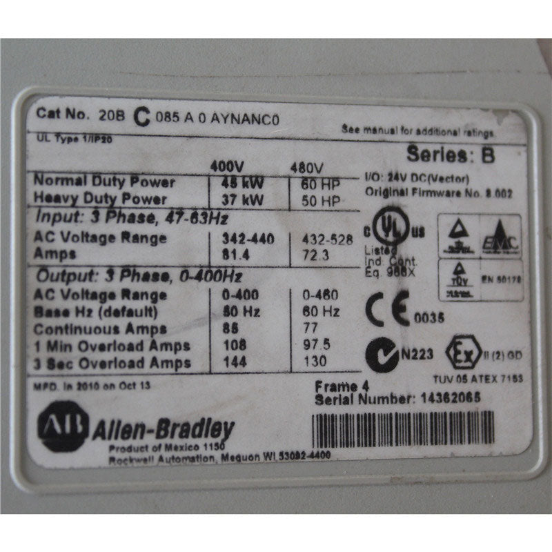 Allen Bradley 20BC085A0AYNANC0 Inverter 45kw