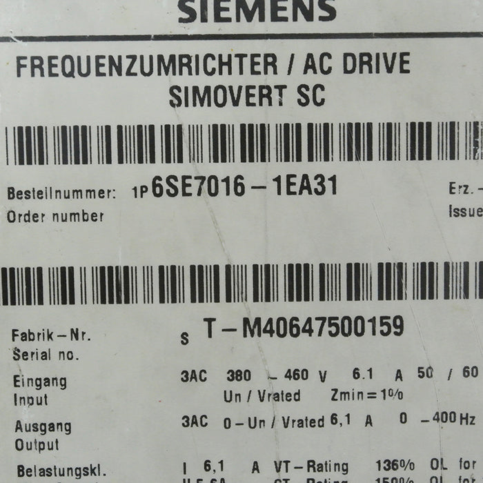 Siemens 6SE7016-1EA31 AC Drive Simovert SC - Pulingma Automation