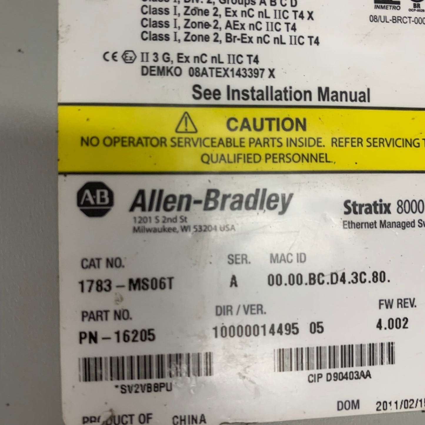Allen Bradley STRATIX 8000 Ethernet Managed Switch 1783-MS06T