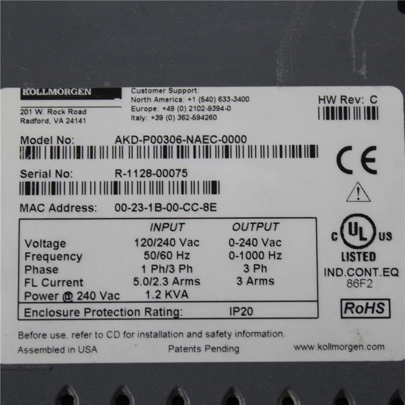 Kollmorgen INPUT 120/240 VAC AKD-P00306-NAEC-0000 Servo Driver - Pulingma Automation
