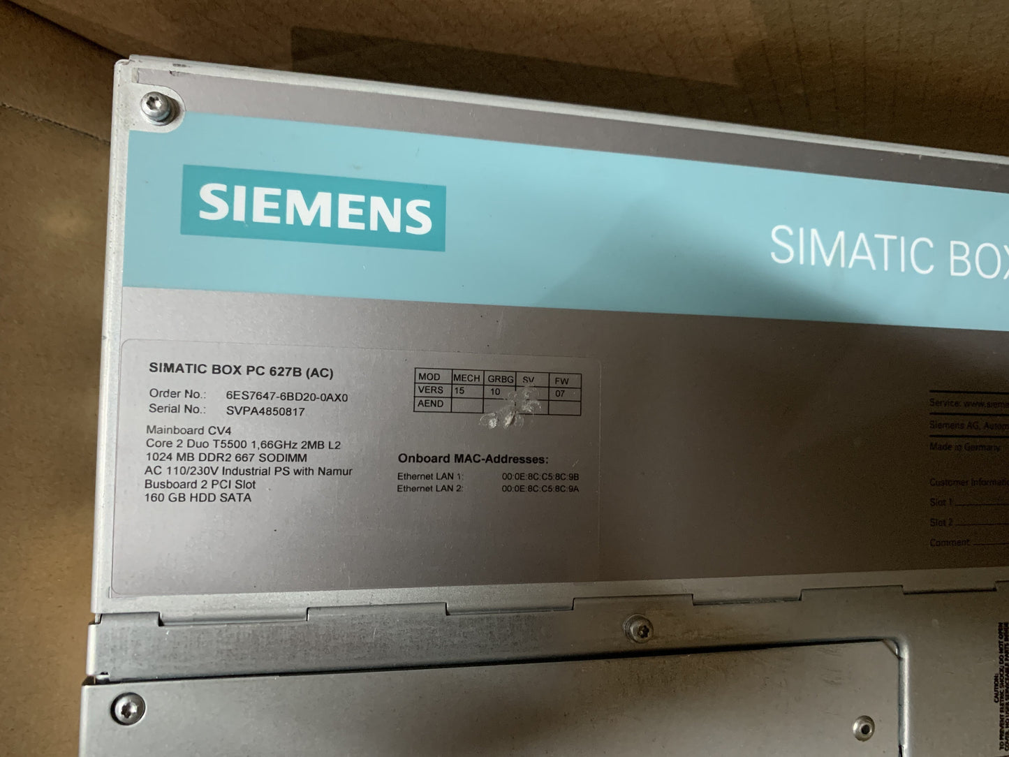 Siemens 6ES7647-6BD20-0AX0 SIMATIC BOX PC 627B