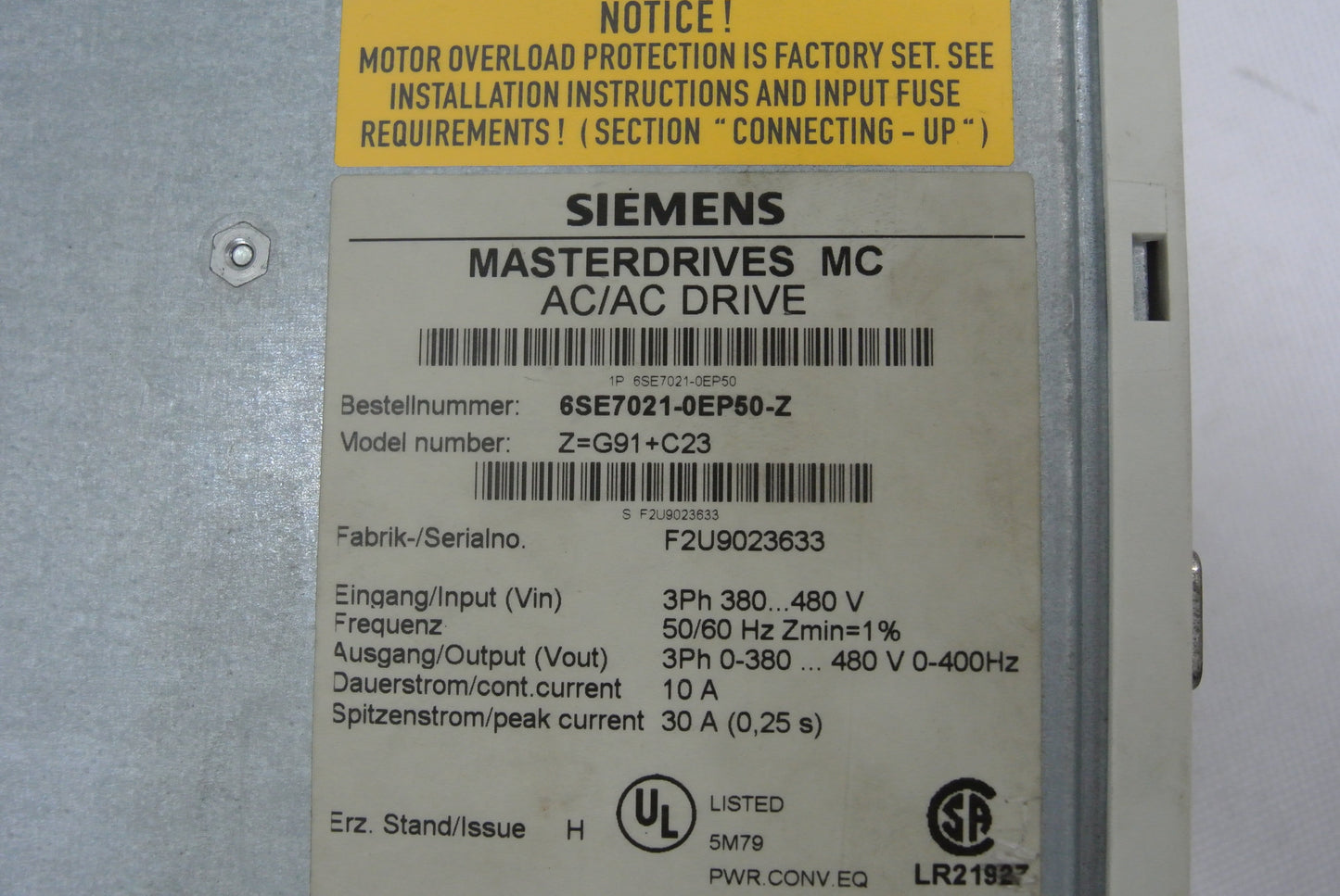 Siemens 6SE7021-0EP50-Z Master Drives AC/DC Drive - Pulingma Automation