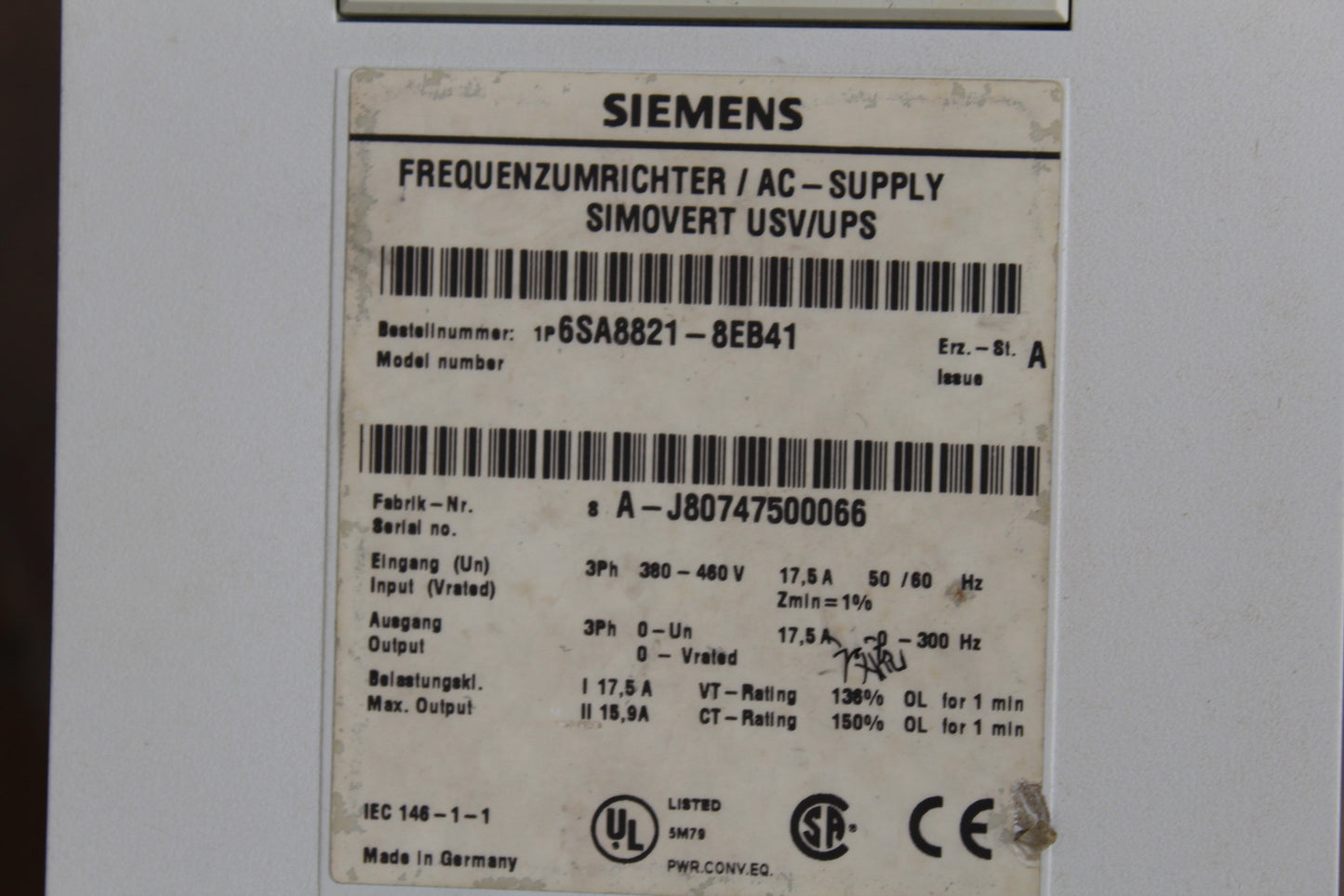 Siemens 6SA8821-8EB41 AC-Supply Simovert USV/UPS - Pulingma Automation