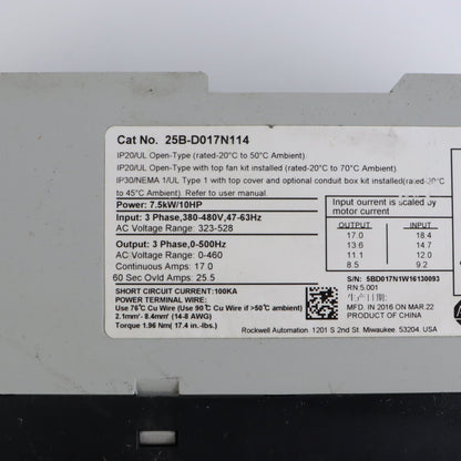 Allen Bradley 25B-D017N114 PowerFlex 525 7.5kW (10Hp) AC Drive