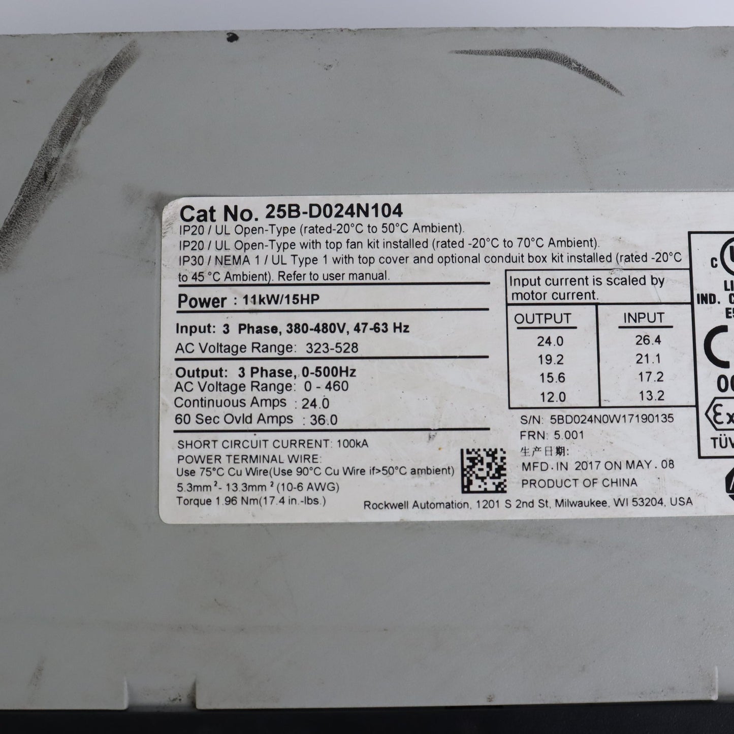 Allen Bradley 25B-D024N104 PowerFlex 525 11kW (15Hp) AC Drive