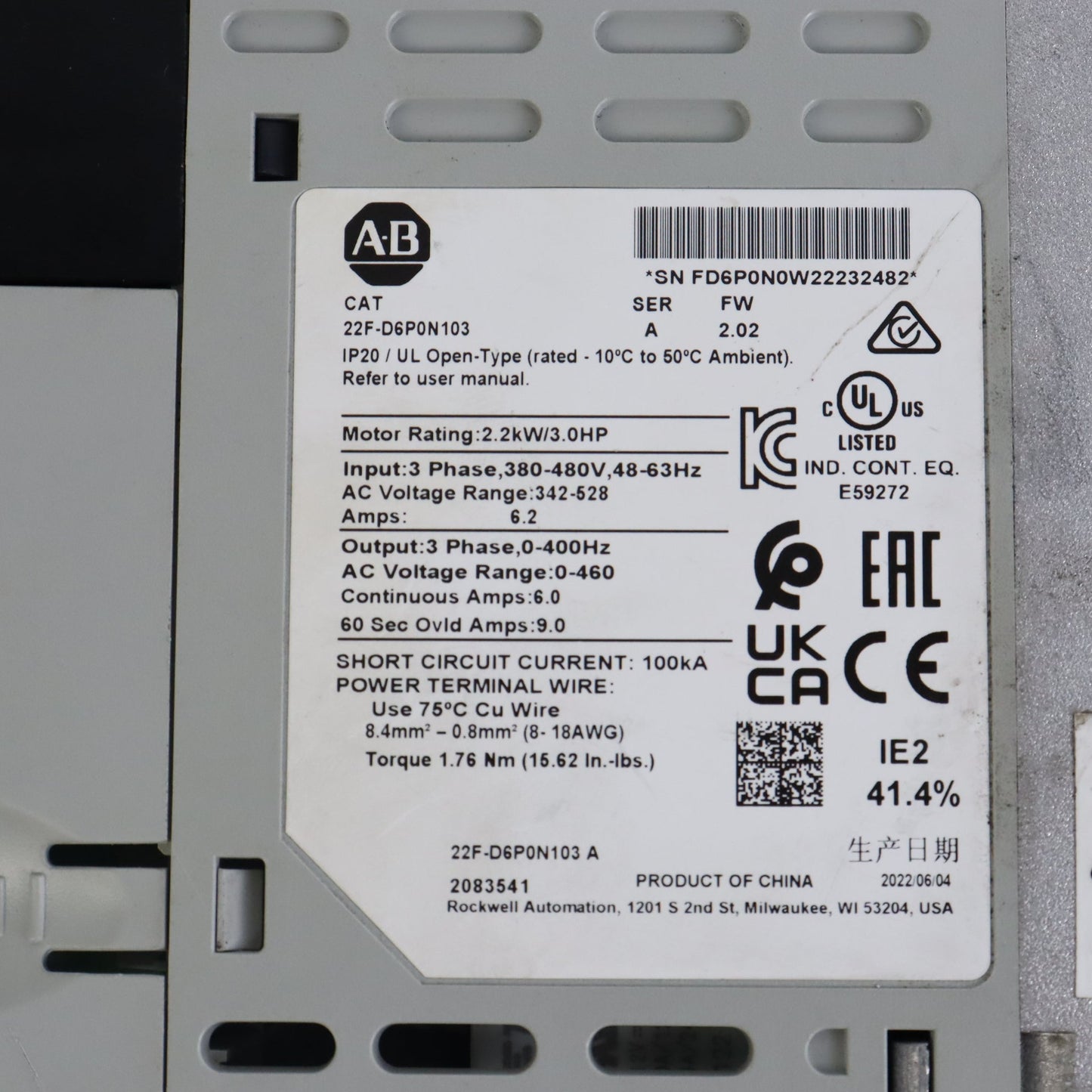 Allen Bradley 22F-D6P0N113 PowerFlex 4M-2.2 kW (3 HP) AC Drive