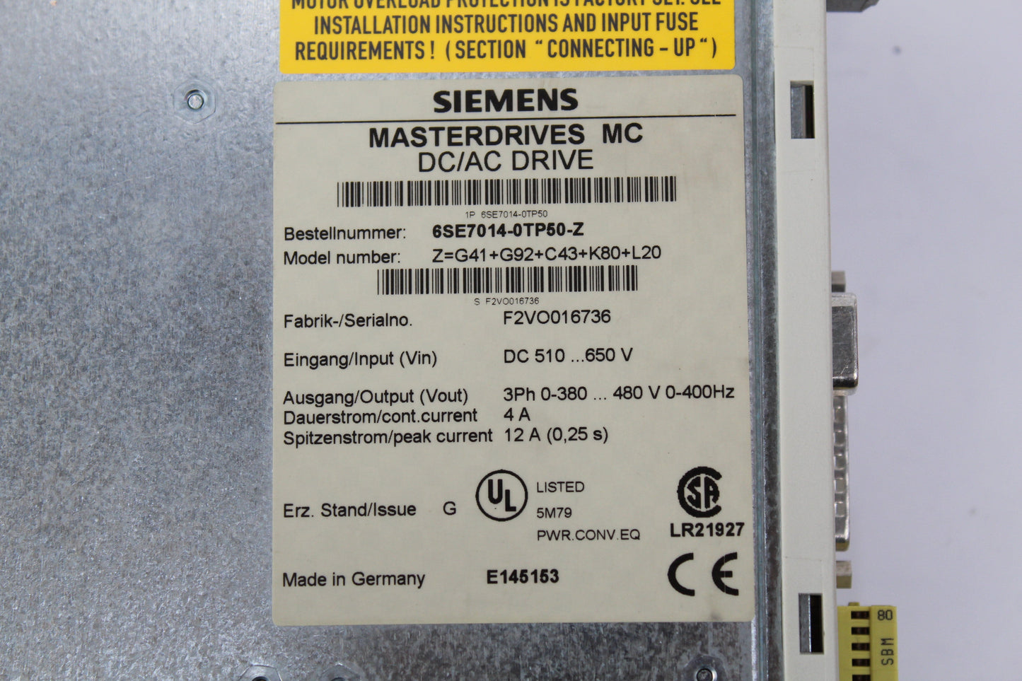 Siemens 6SE7014-0TP50-Z Z=G91+G42+C23+F01 Masterdrives - Pulingma Automation