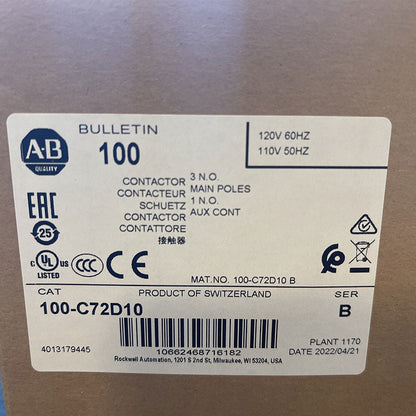 Allen Bradley 100-C72D10  100-C72*00 B  version  contactor