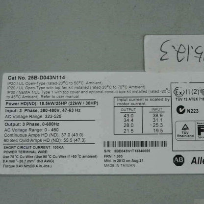 Allen Bradley 25B-D043N114 Inverter 18.5kW 380-480V