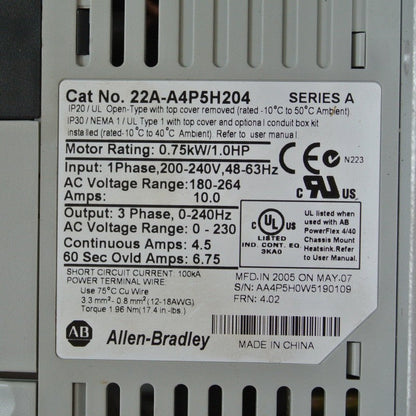 Allen Bradley 22A-A4P5H204 Power Flex Inverter 750W