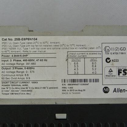 Allen Bradley 25B-E6P6N104 Inverter 5kW Input 460-600v