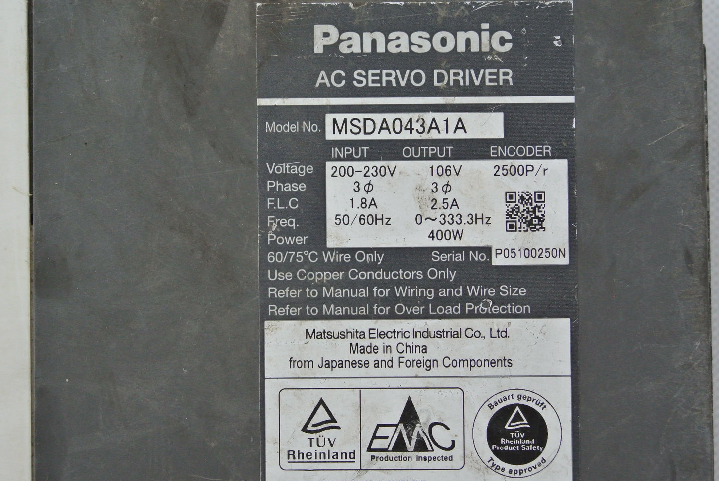 Panasonic MSDA043A1A AC Servo Drive Input 200-230V - Pulingma Automation