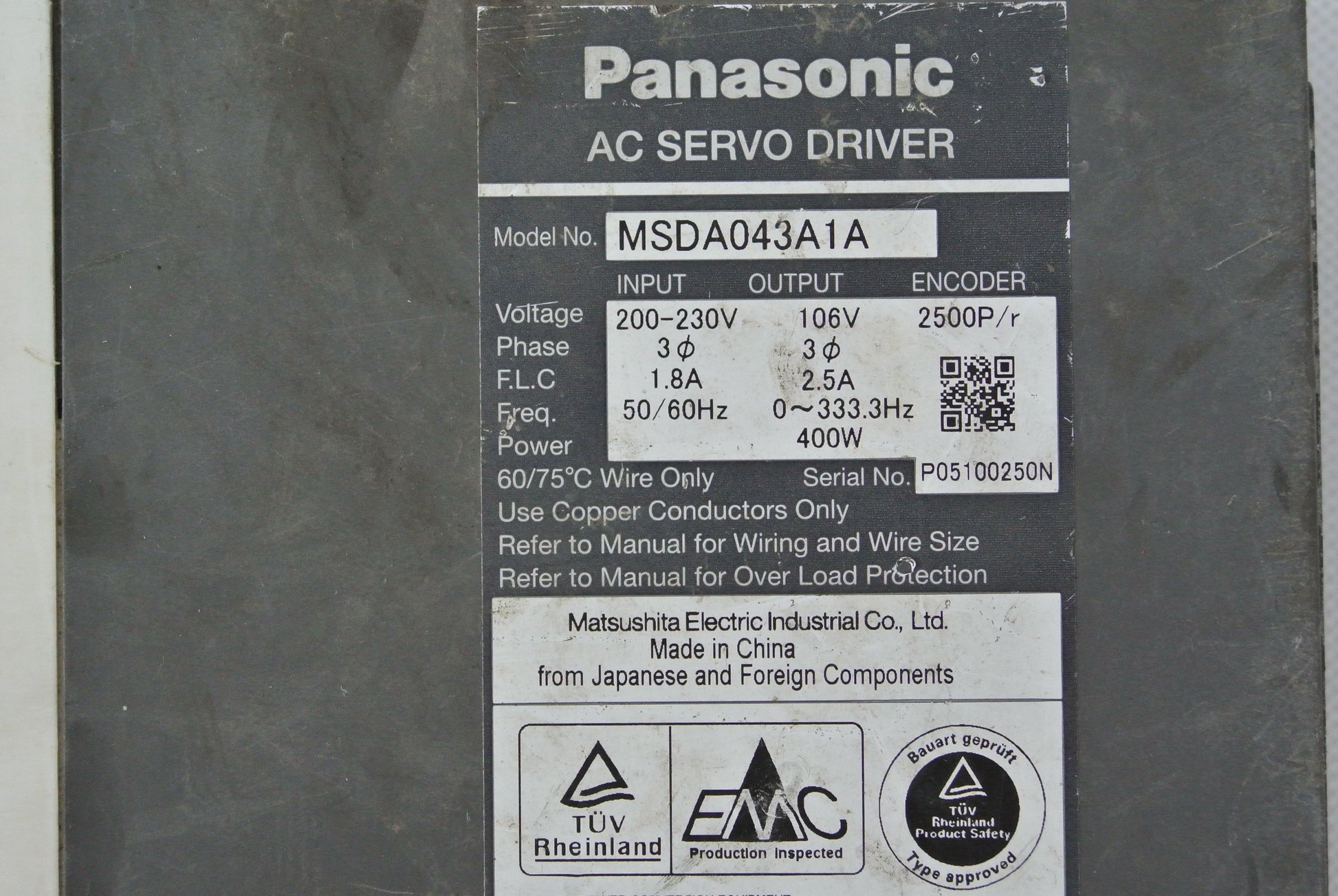Panasonic MSDA043A1A AC Servo Drive Input 200-230V - Pulingma Automation