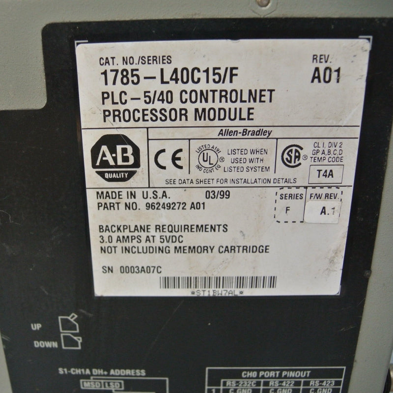 Allen Bradley 1785-L40C15 Controlnet Processor Module SER F