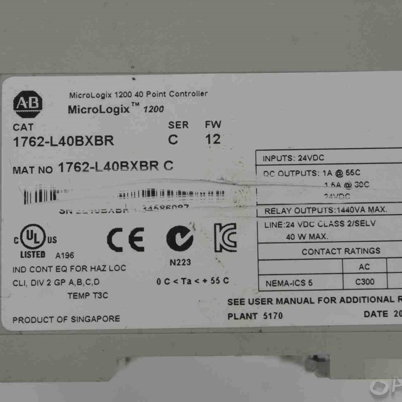 Allen Bradley 1762-L40BXBR MicroLogix 1200 40 Point Controller