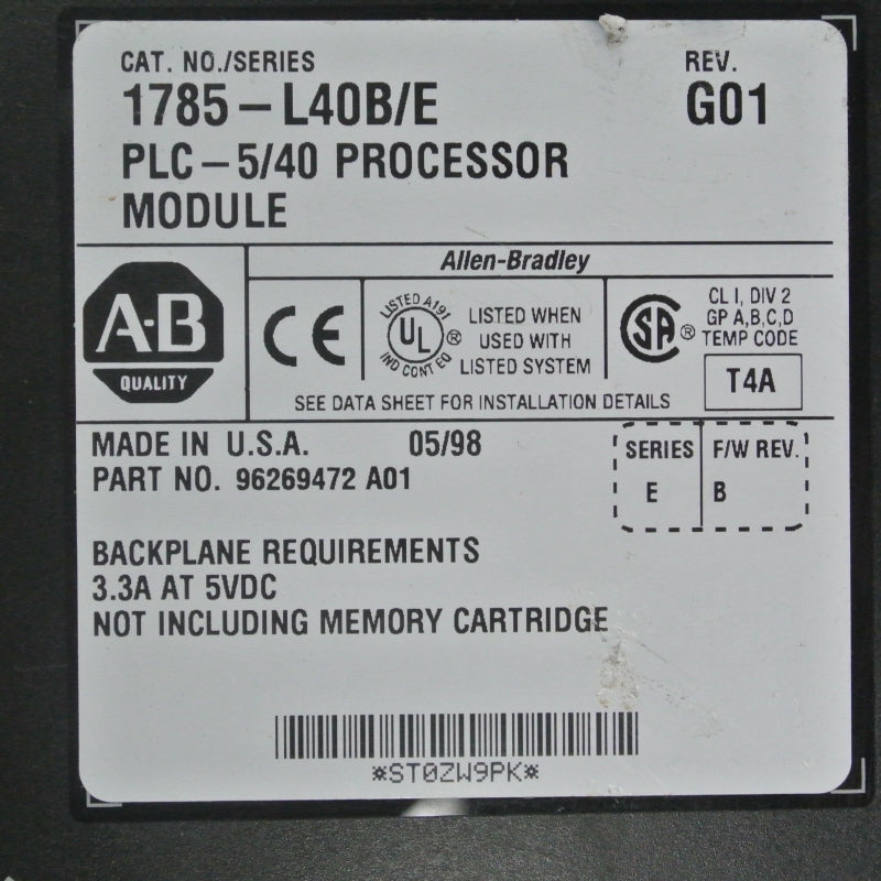 Allen Bradley 1785-L40B PLC 5-40 Processor Module SER. E