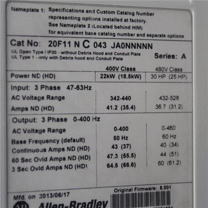 Allen Bradley PowerFlex 753 AC Drive, Inverter 22KW 20F11NC043JA0NNNNN Used In Good Condition - Pulingma Automation