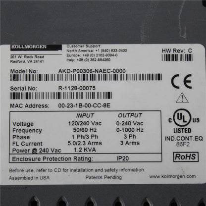 Kollmorgen INPUT 120/240 VAC AKD-P00306-NAEC-0000 Servo Driver - Pulingma Automation