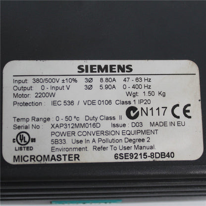 Siemens 6SE9215-8DB40 Micromaster AC Drive - Pulingma Automation