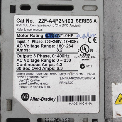 Used Allen Bradley PowerFlex4M AC Drive, 0.4KW Inverter 22F-A4P2N103 - Pulingma Automation